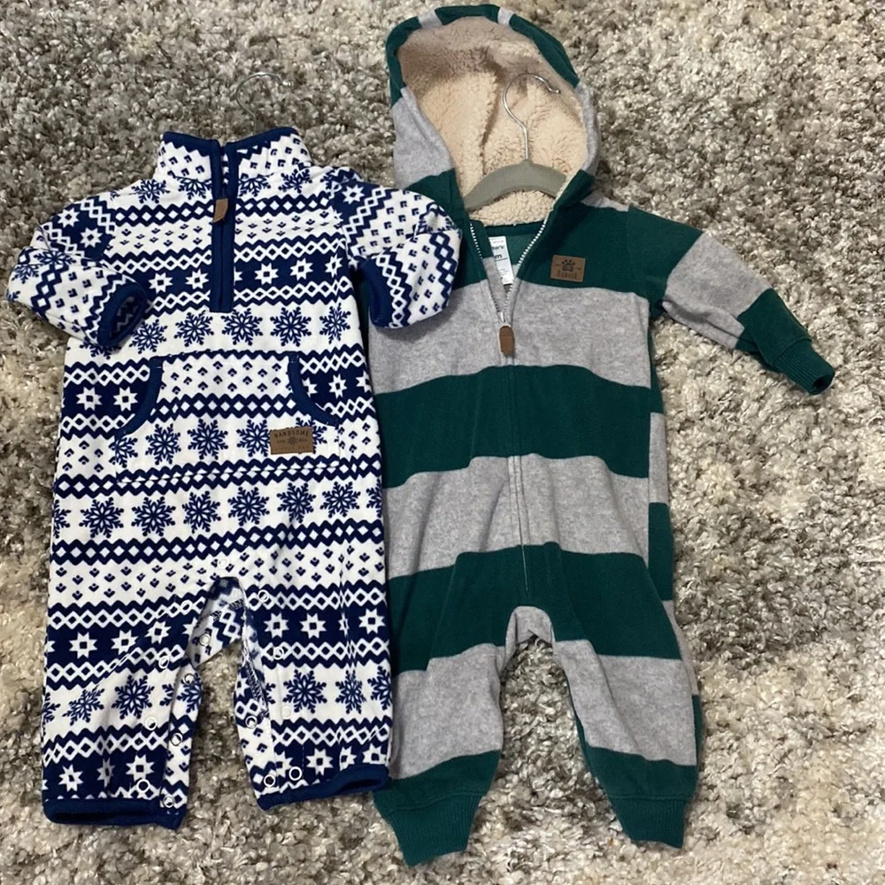 Carters Baby Boy Winter Hooded Zip Up Bodysuit Jumpsuit Bundle Lot 2 Pc.